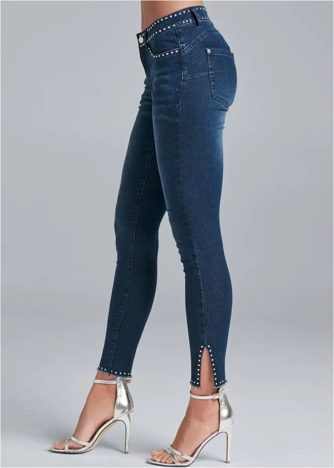 STUDDED HEM JEANS Dark Wash Women VENUS Novelty Jeans