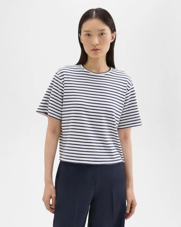 TShirts Tank Tops Women Theory Boxy Tee In Striped Cotton Jersey Navy Multi