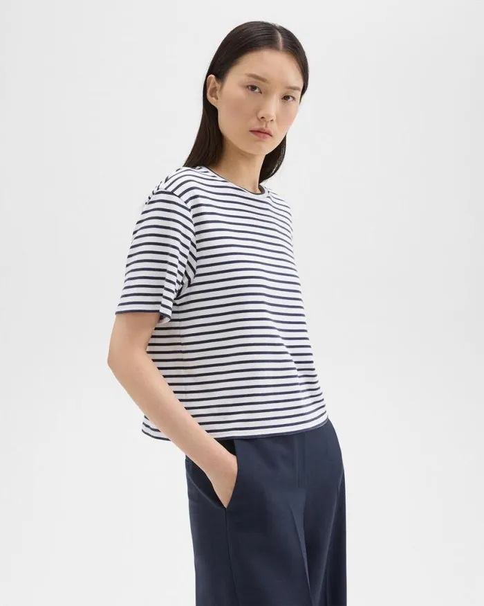 TShirts Tank Tops Women Theory Boxy Tee In Striped Cotton Jersey Navy Multi