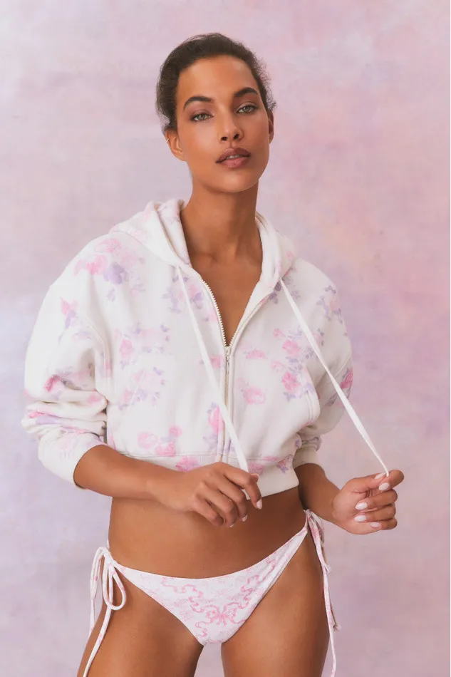 Tees and Fleece Women LoveShackFancy Pierra Crop Floral Print Logo Hoodie Lilac Pearl