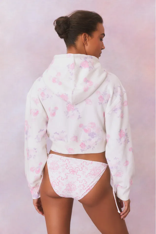 Tees and Fleece Women LoveShackFancy Pierra Crop Floral Print Logo Hoodie Lilac Pearl