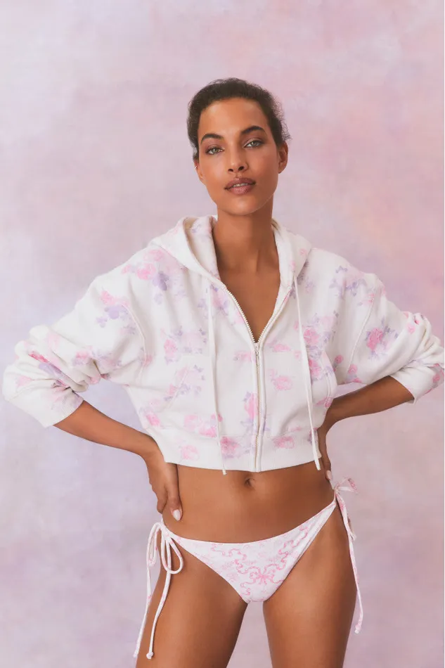 Tees and Fleece Women LoveShackFancy Pierra Crop Floral Print Logo Hoodie Lilac Pearl