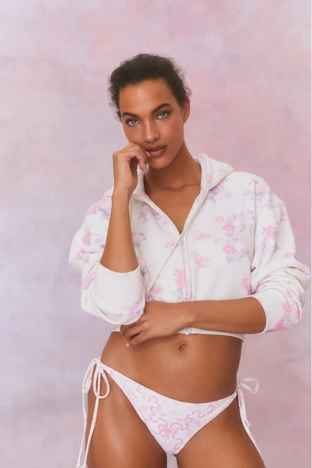 Tees and Fleece Women LoveShackFancy Pierra Crop Floral Print Logo Hoodie Lilac Pearl