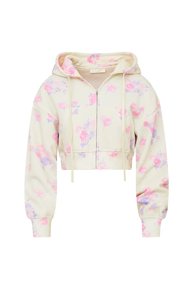 Tees and Fleece Women LoveShackFancy Pierra Crop Floral Print Logo Hoodie Lilac Pearl