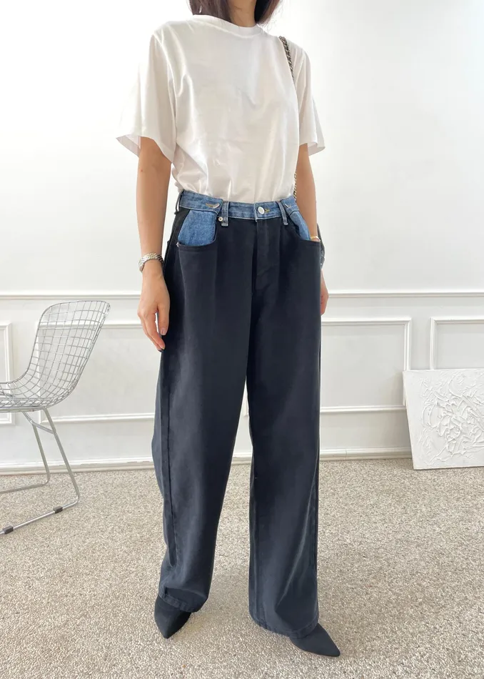 The Frankie Shop Bottoms Hayla Contrast Denim Pants 8211 BlackBlue 8211 Women