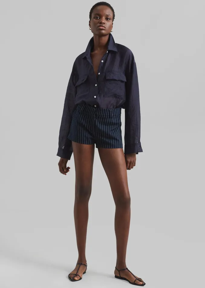 The Frankie Shop Bottoms Kate Twill Mini Shorts 8211 NavyWhite Pinstripe 8211 Women