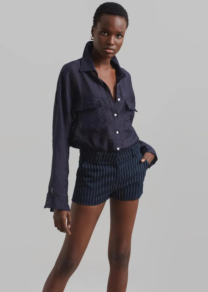The Frankie Shop Bottoms Kate Twill Mini Shorts 8211 NavyWhite Pinstripe 8211 Women