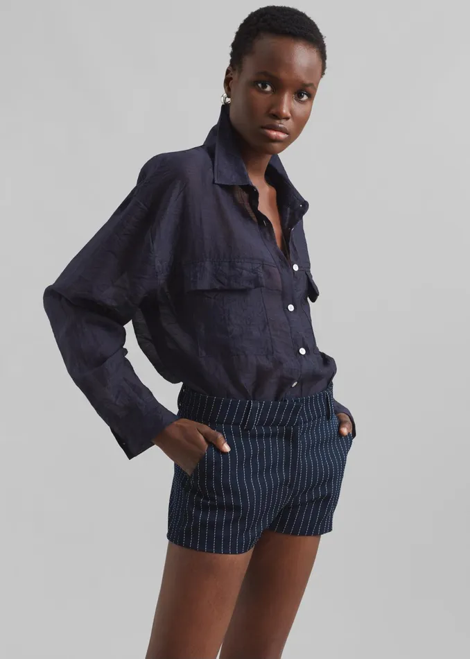 The Frankie Shop Bottoms Kate Twill Mini Shorts 8211 NavyWhite Pinstripe 8211 Women