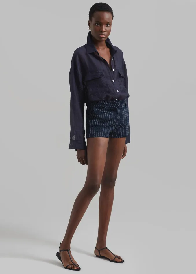 The Frankie Shop Bottoms Kate Twill Mini Shorts 8211 NavyWhite Pinstripe 8211 Women