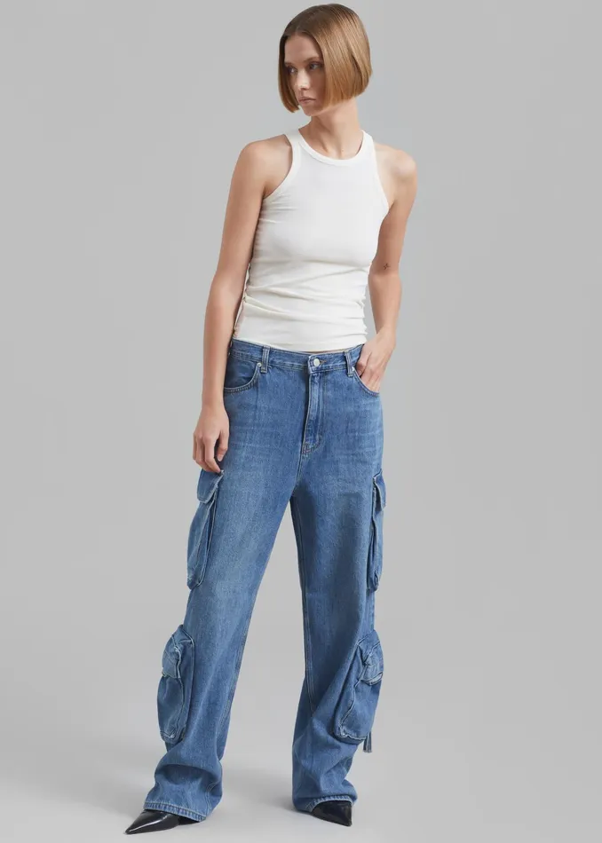 The Frankie Shop Bottoms Parker Denim Cargo Pants 8211 Medium Wash 8211 Women