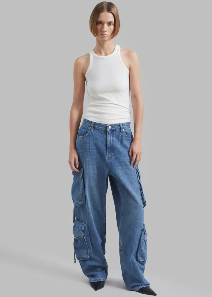 The Frankie Shop Bottoms Parker Denim Cargo Pants 8211 Medium Wash 8211 Women