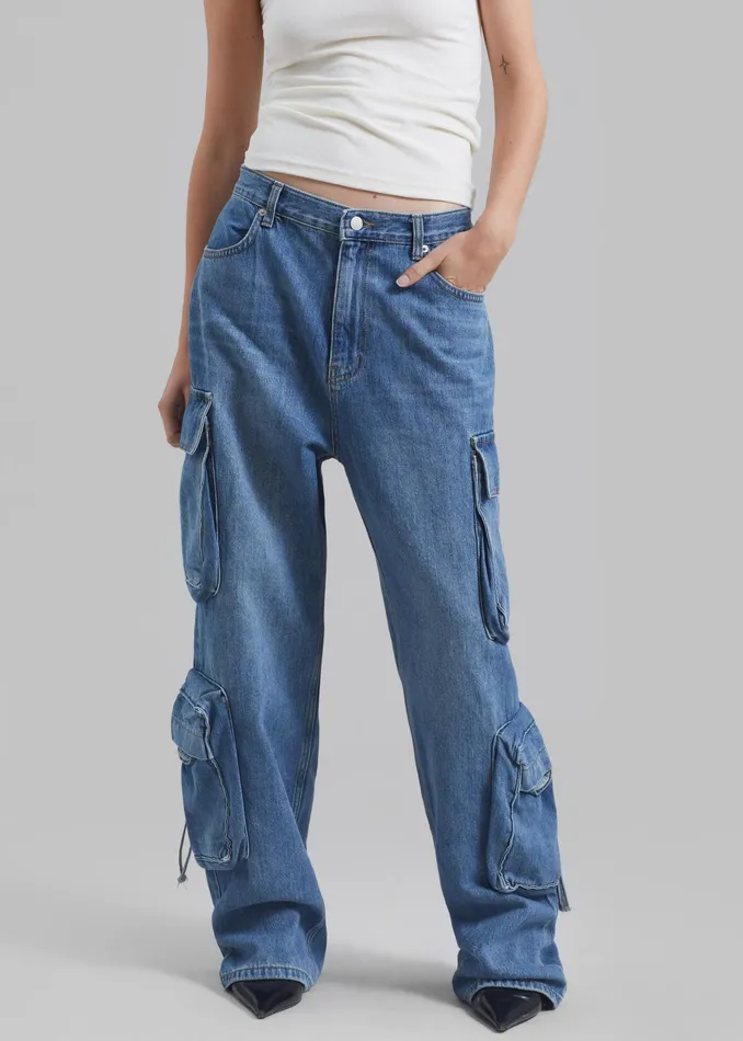 The Frankie Shop Bottoms Parker Denim Cargo Pants 8211 Medium Wash 8211 Women