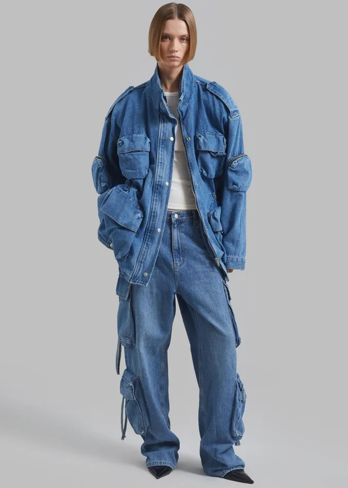 The Frankie Shop Bottoms Parker Denim Cargo Pants 8211 Medium Wash 8211 Women