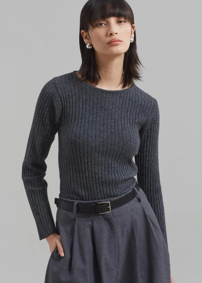 The Frankie Shop Knitwear Cora Ribbed Sweater 8211 Charcoal 8211 Women
