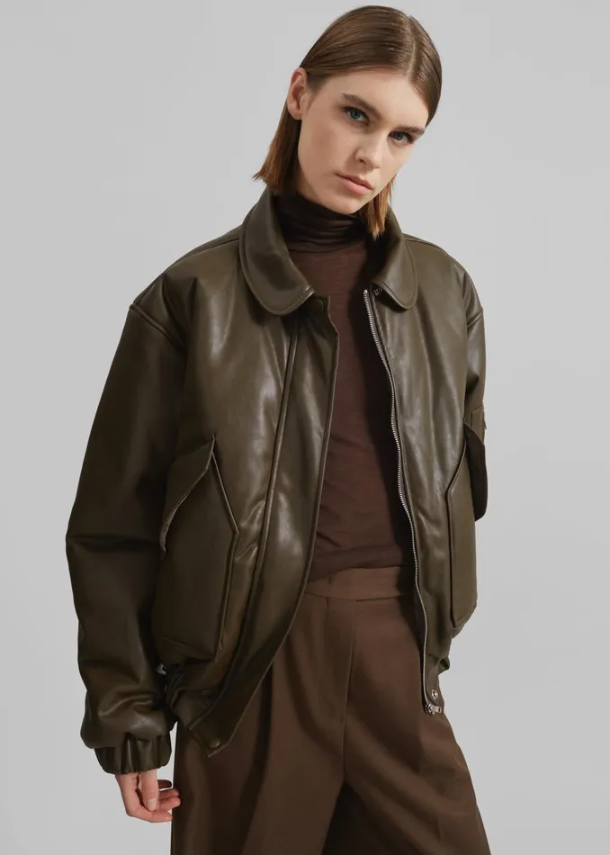 The Frankie Shop Outerwear Blane Faux Leather Padded Bomber Jacket 8211 Khaki Brown 8211 Women