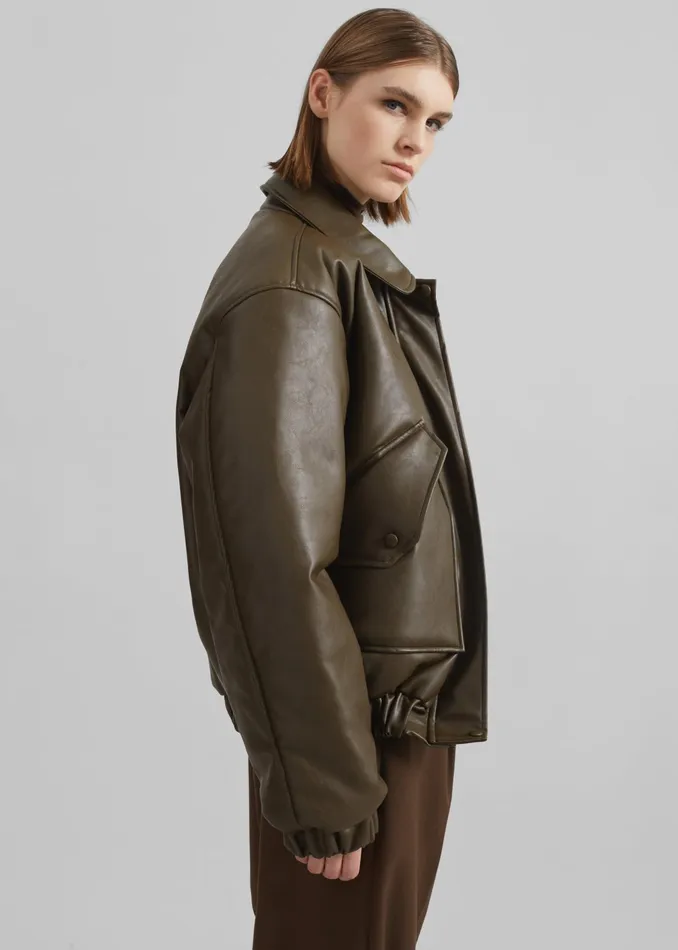 The Frankie Shop Outerwear Blane Faux Leather Padded Bomber Jacket 8211 Khaki Brown 8211 Women