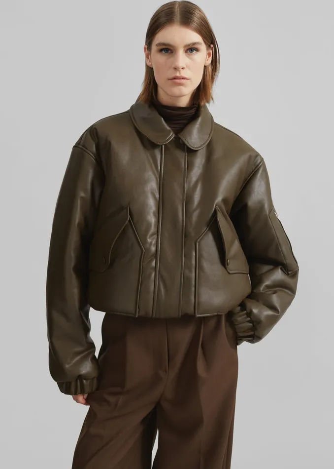 The Frankie Shop Outerwear Blane Faux Leather Padded Bomber Jacket 8211 Khaki Brown 8211 Women