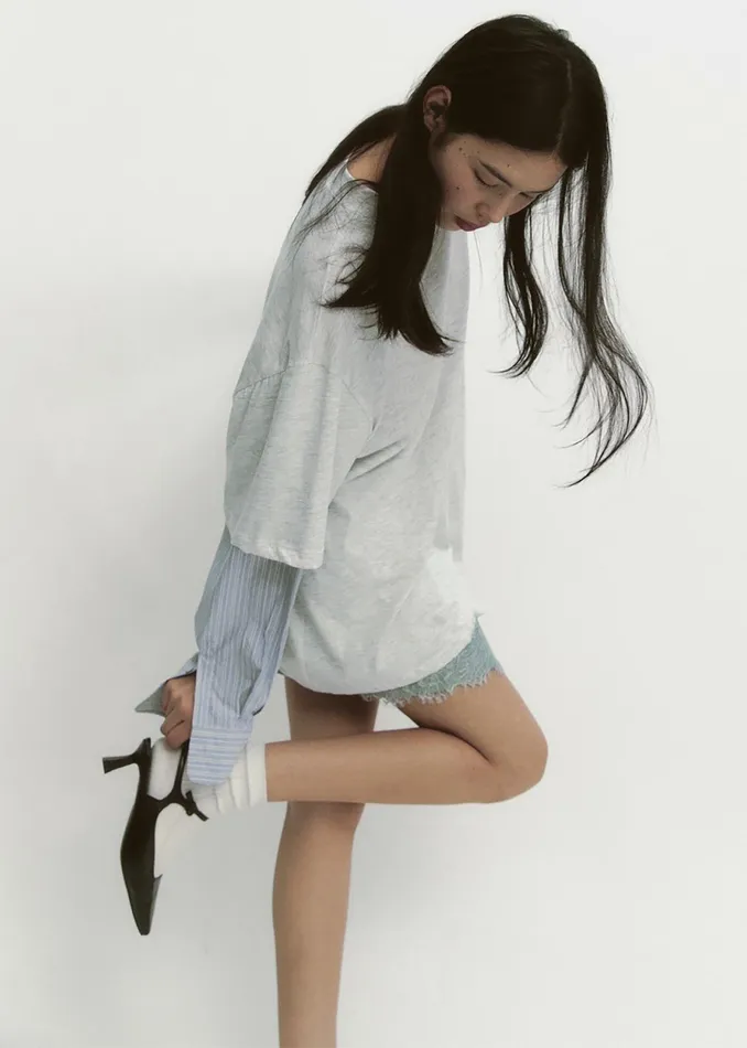 The Frankie Shop Tops Bryton Layered Tee 8211 Light GreyBlue 8211 Women