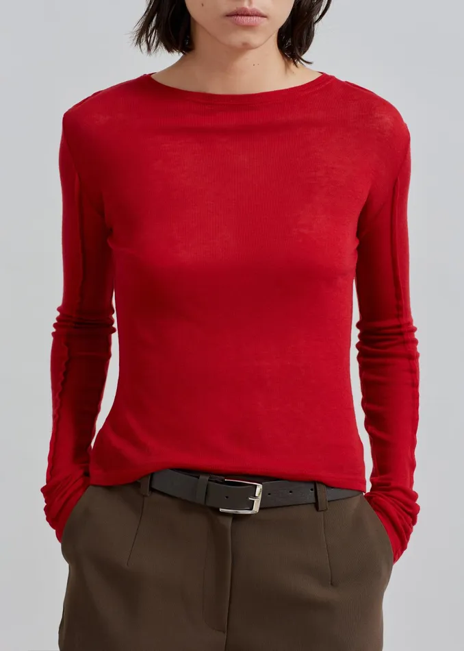 The Frankie Shop Tops Mesa Sheer Long Sleeve Tee 8211 Red 8211 Women