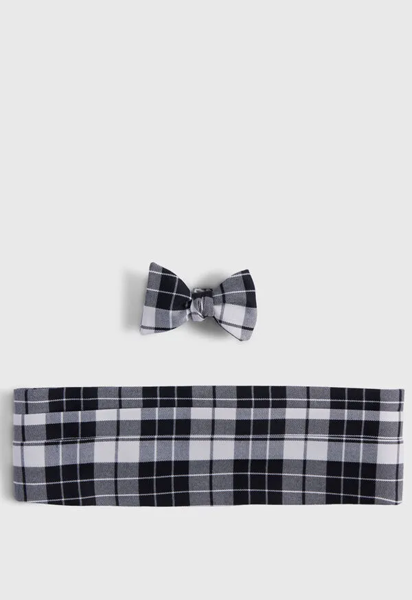 Ties Mens Paulstuart Wool Plaid Bow Tie and Cummerbund Set BlackWhite