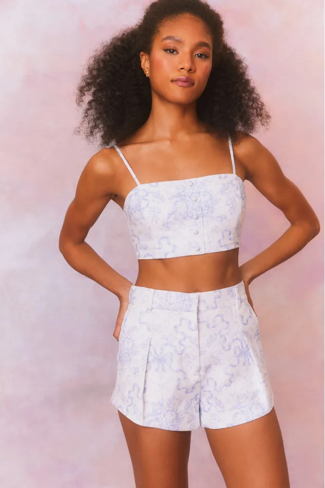 Tops Women LoveShackFancy Isadore Bow Print Cropped Top Blissful Blue