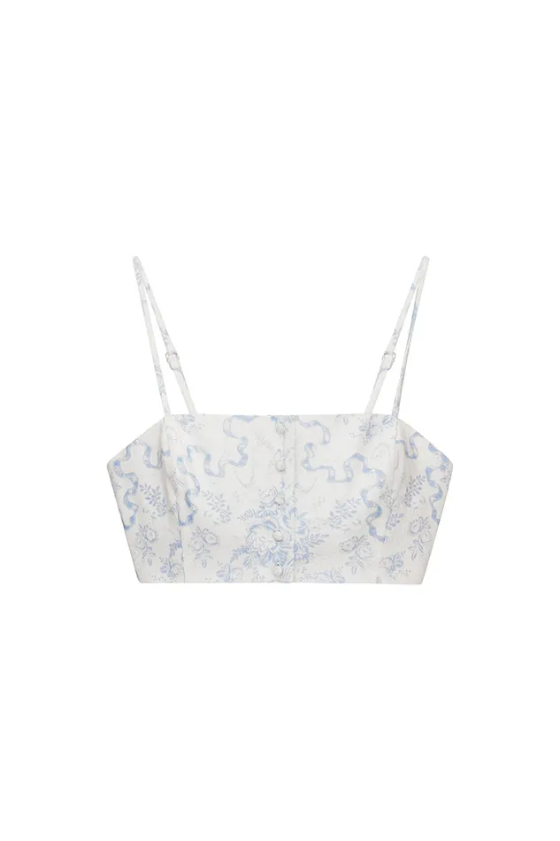 Tops Women LoveShackFancy Isadore Bow Print Cropped Top Blissful Blue