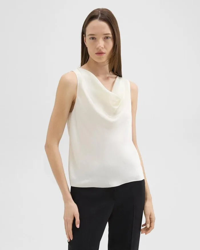 Tops Women Theory Cowl Neck Top In Crushed Satin Rice