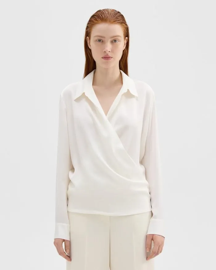 Tops Women Theory Wrap Blouse In Silk Georgette Ivory
