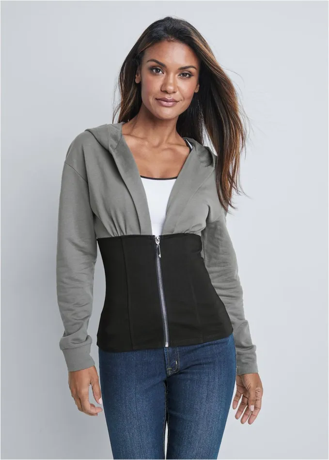 TWO TONE ZIP FRONT SWEATSHIRT Black and Grey Women VENUS Sweatshirts and Hoodies