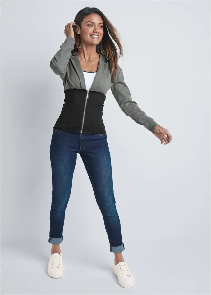 TWO TONE ZIP FRONT SWEATSHIRT Black and Grey Women VENUS Sweatshirts and Hoodies