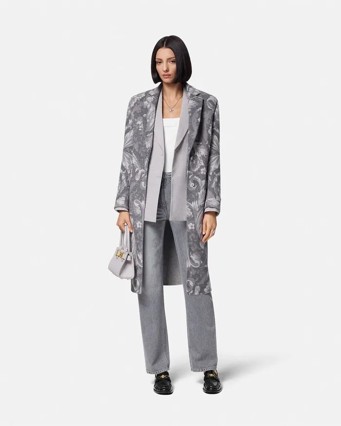 Versace Barocco CashmereBlend Overcoat Gray Women Outerwear and Coats