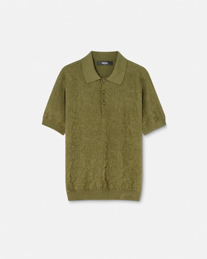 Versace Barocco Knit Polo Shirt Green Men Knitwear