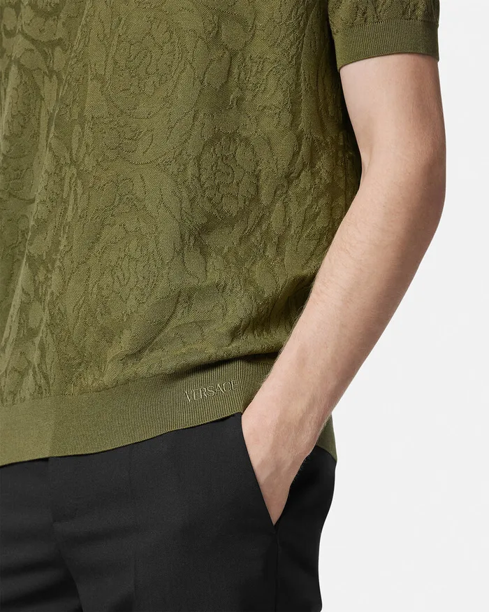 Versace Barocco Knit Polo Shirt Green Men Knitwear