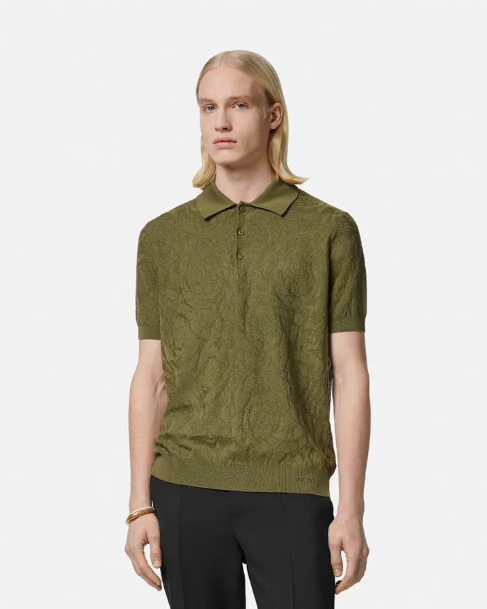 Versace Barocco Knit Polo Shirt Green Men Knitwear