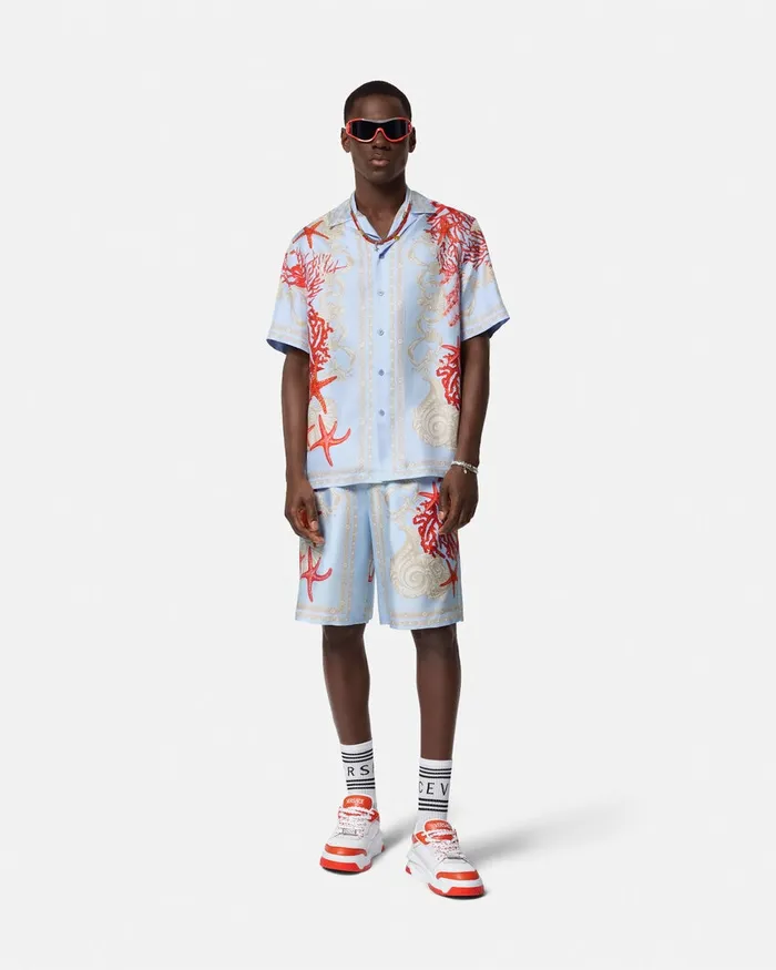 Versace Barocco Sea Silk Shirt Blueprint Men Shirts