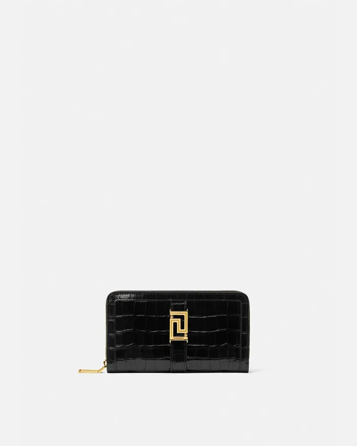 Versace CrocEffect Greca Goddess Long Wallet Blackgold Women Wallets