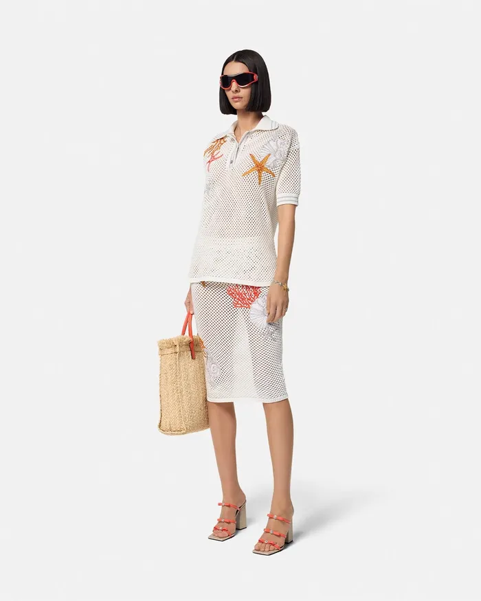 Versace Crochet Knit Oversized Polo Shirt White Women Knitwear
