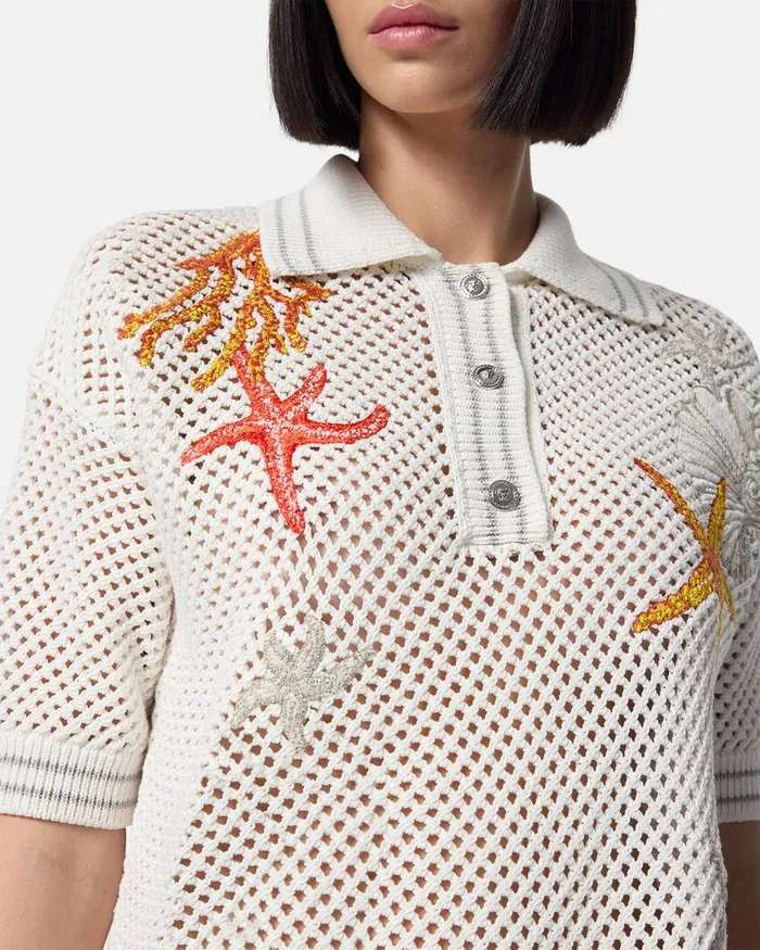 Versace Crochet Knit Oversized Polo Shirt White Women Knitwear