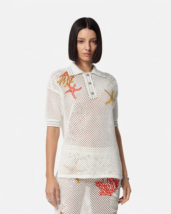 Versace Crochet Knit Oversized Polo Shirt White Women Knitwear