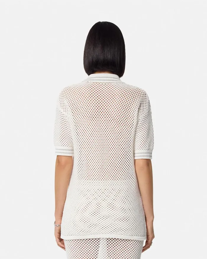 Versace Crochet Knit Oversized Polo Shirt White Women Knitwear