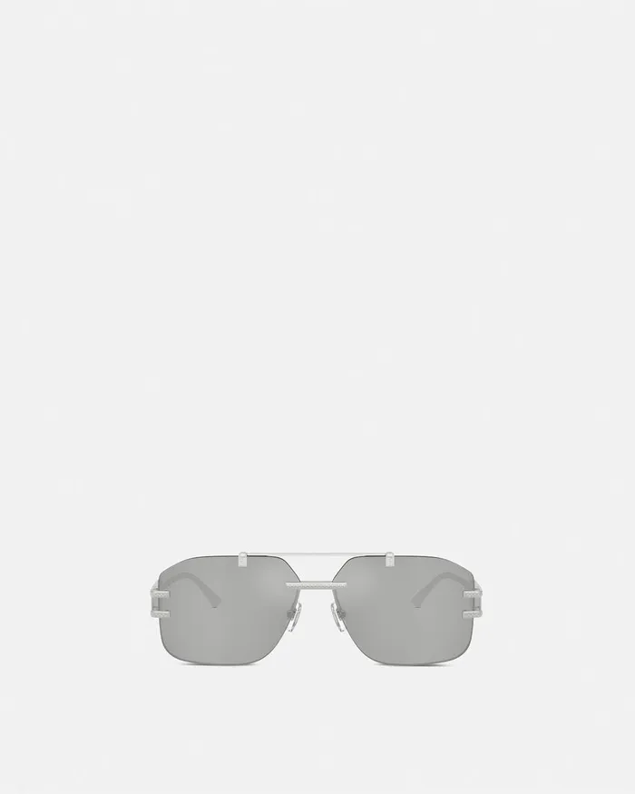 Versace Damier Plaque Sunglasses Silver Men Sunglasses