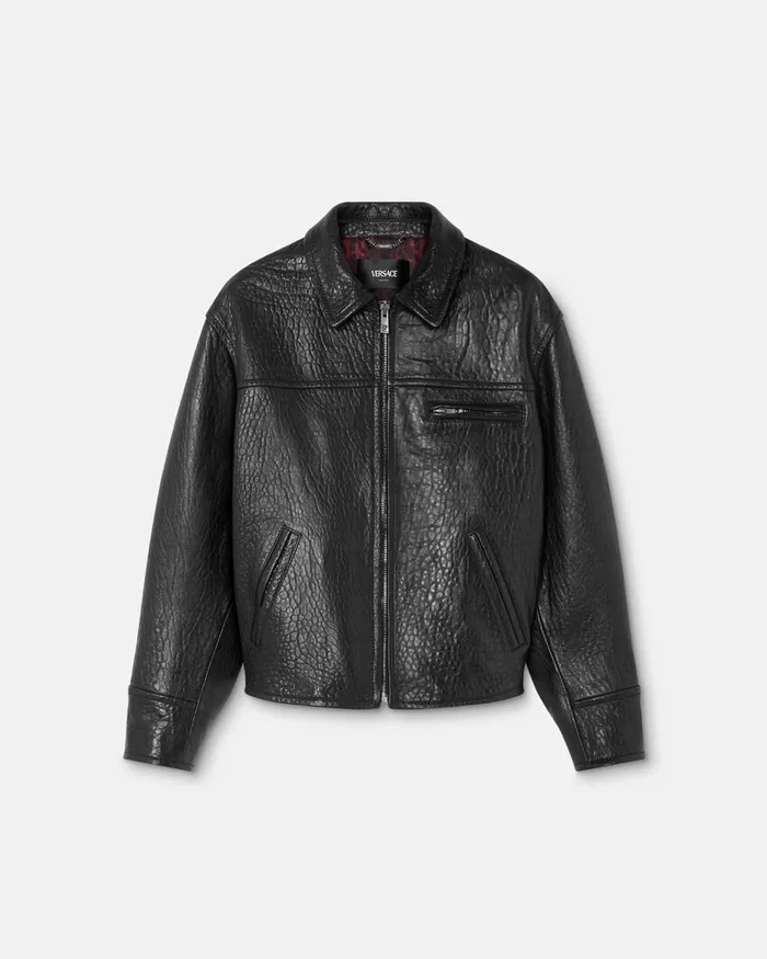 Versace ElephantEffect Leather Blouson Jacket Black Men Jackets and Coats
