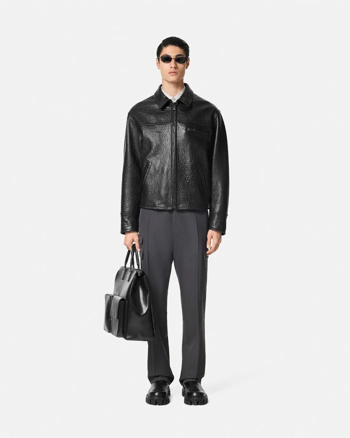 Versace ElephantEffect Leather Blouson Jacket Black Men Jackets and Coats