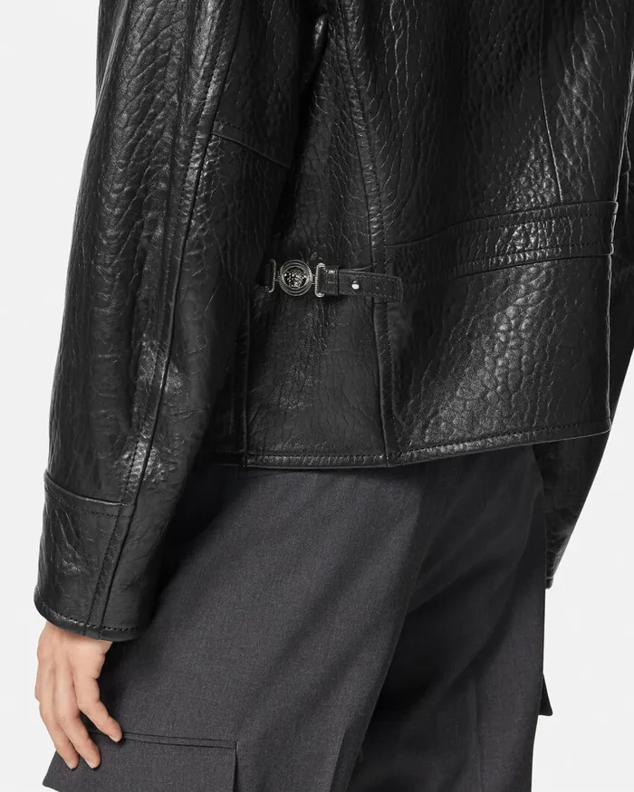 Versace ElephantEffect Leather Blouson Jacket Black Men Jackets and Coats