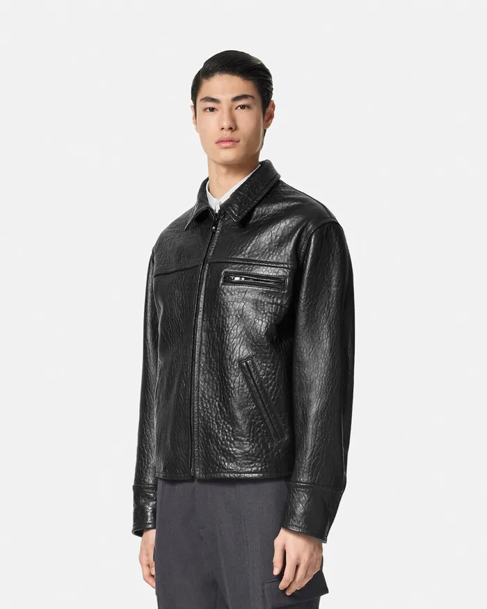 Versace ElephantEffect Leather Blouson Jacket Black Men Jackets and Coats