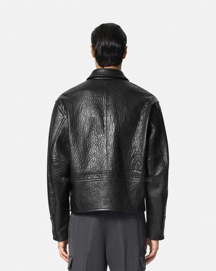 Versace ElephantEffect Leather Blouson Jacket Black Men Jackets and Coats