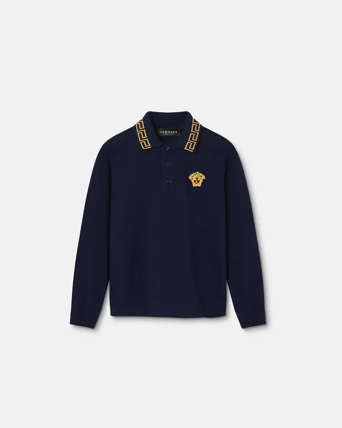 Versace Embroidered Greca Polo Shirt Bluegold Kids Tshirts and Polos