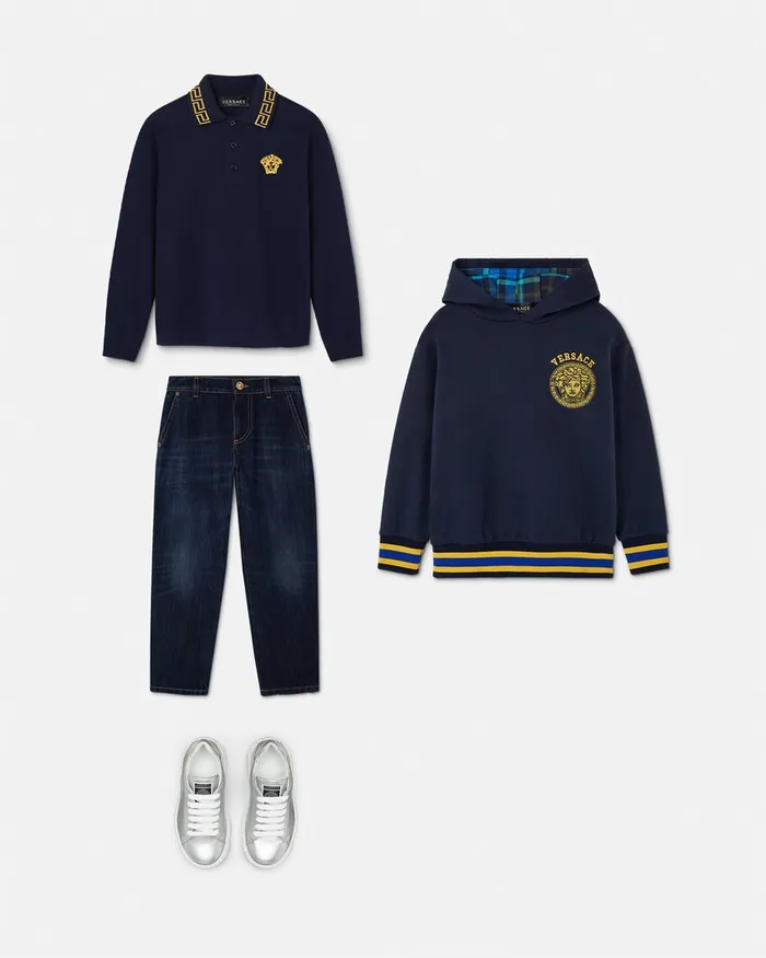 Versace Embroidered Greca Polo Shirt Bluegold Kids Tshirts and Polos