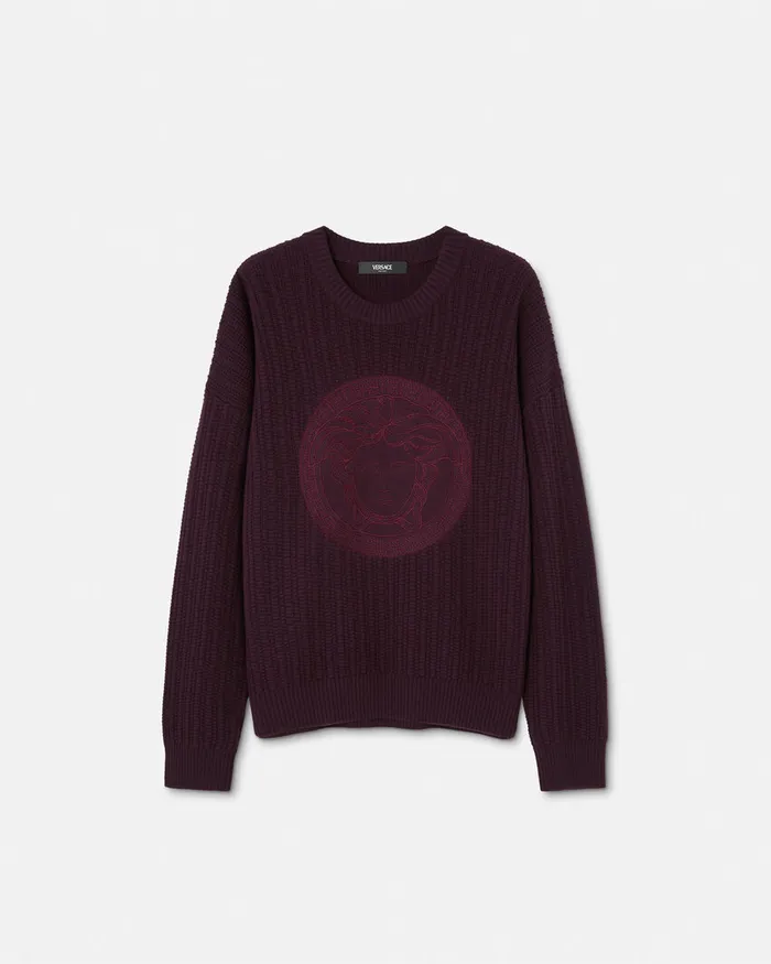 Versace Embroidered Medusa CableKnit Sweater Brown Men Knitwear