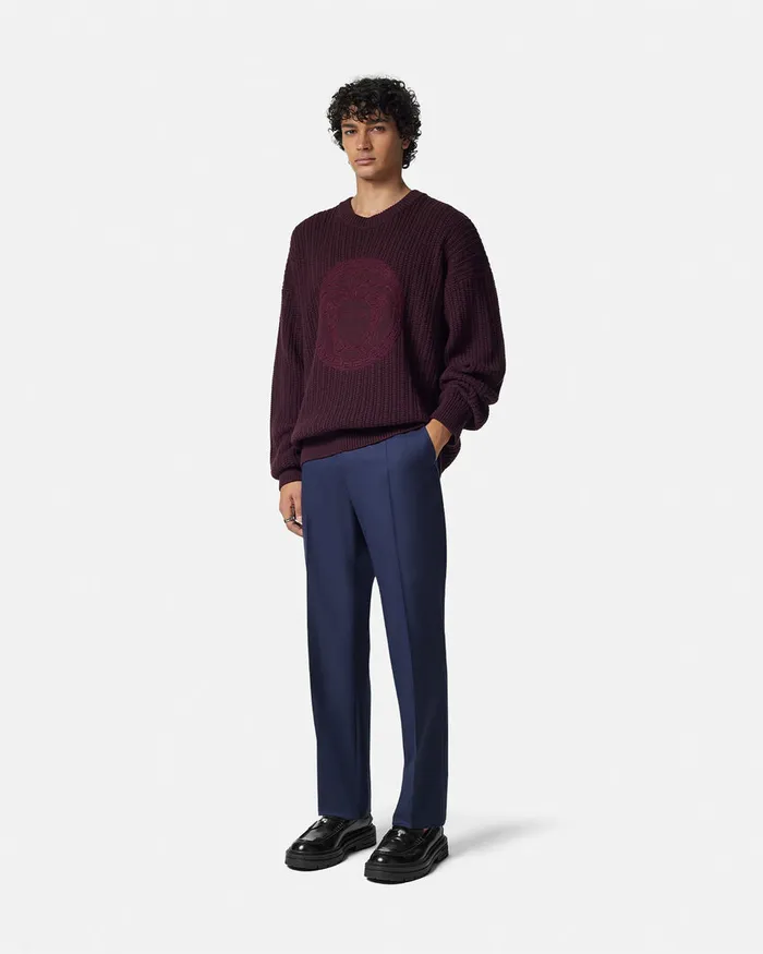 Versace Embroidered Medusa CableKnit Sweater Brown Men Knitwear